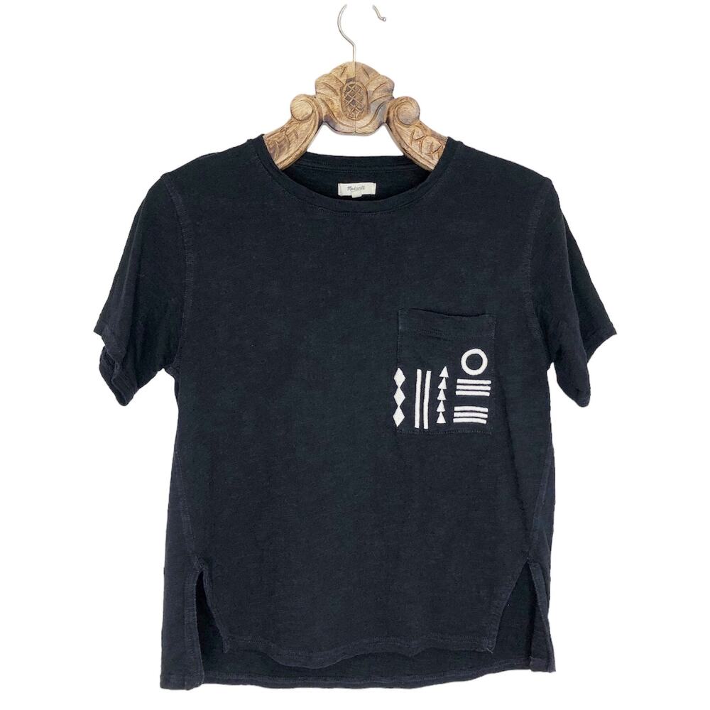 Madewell Tee Shirt Heather Black High Low Embroidered Pocket Crew Neck Oversized